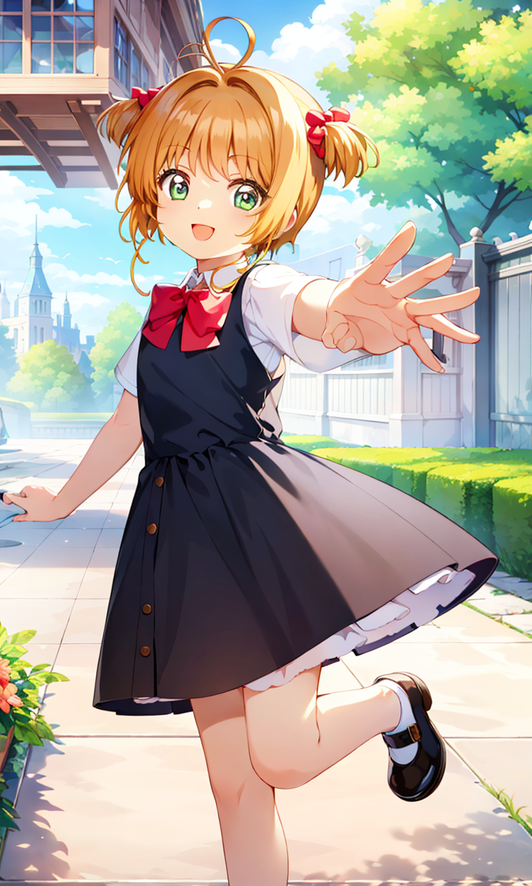 02232-2263048349-, masterpiece, best quality,  1girl, solo, kinomoto sakura, dress, bowtie, mary janes, two side up, mary janes, outstretched arm.png